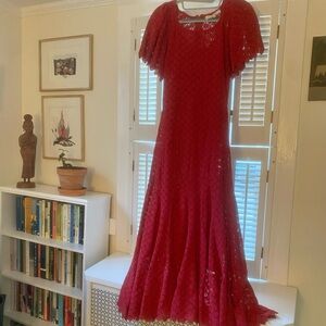 THE GREAT. Red Lace Maxi Dress with Flutter Sleeves